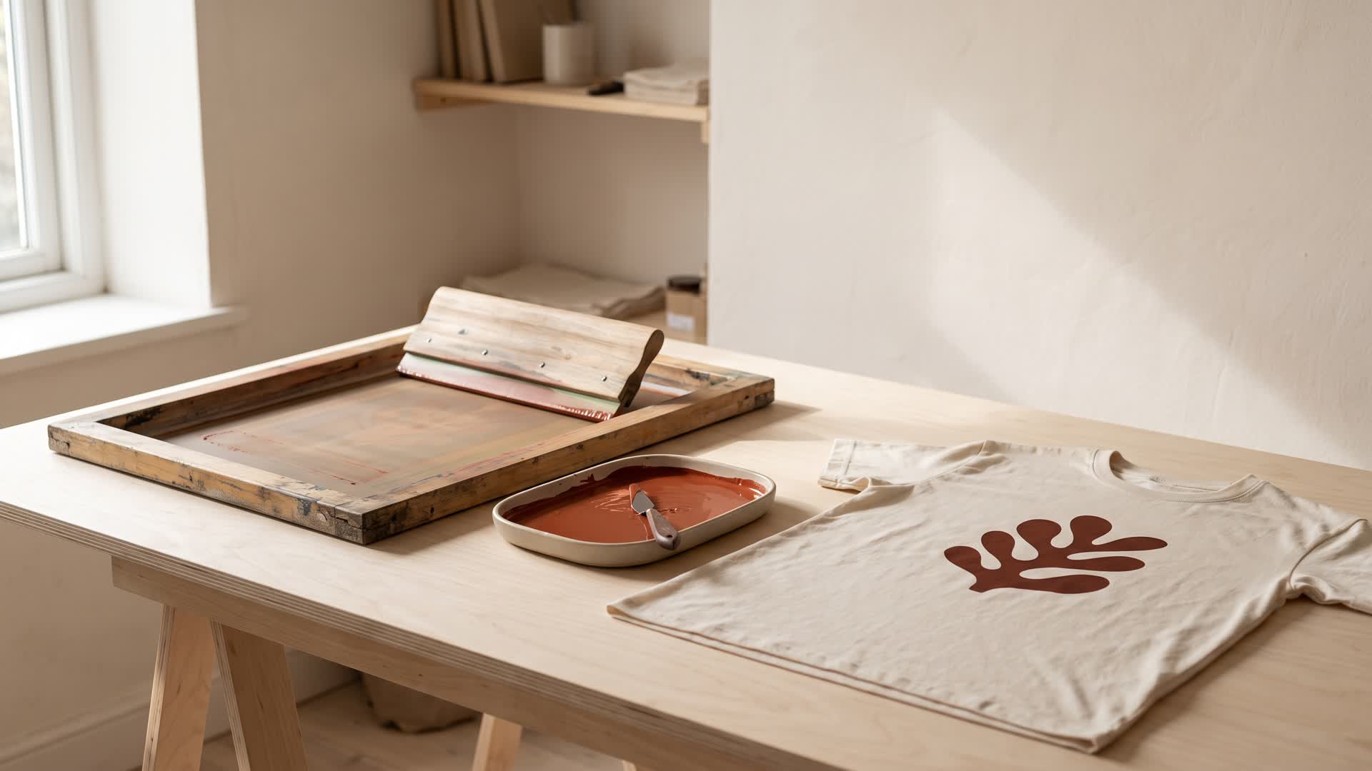 Serigrafi tezgahı: çerçeve, çekpas ve kiremit rengi mürekkep