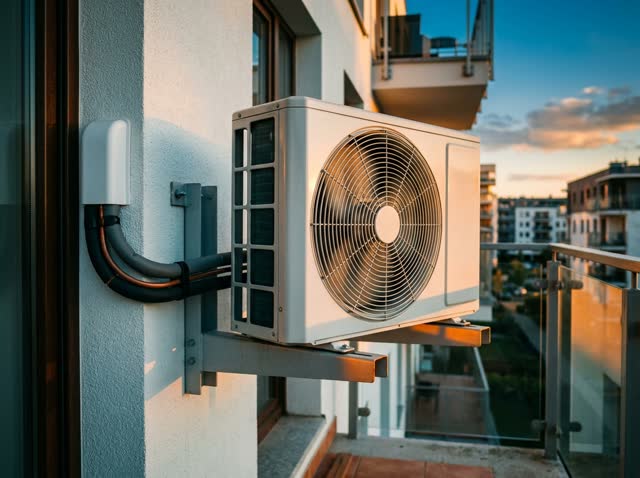 Balkon duvarına konsolla monte edilmiş klima dış ünitesi